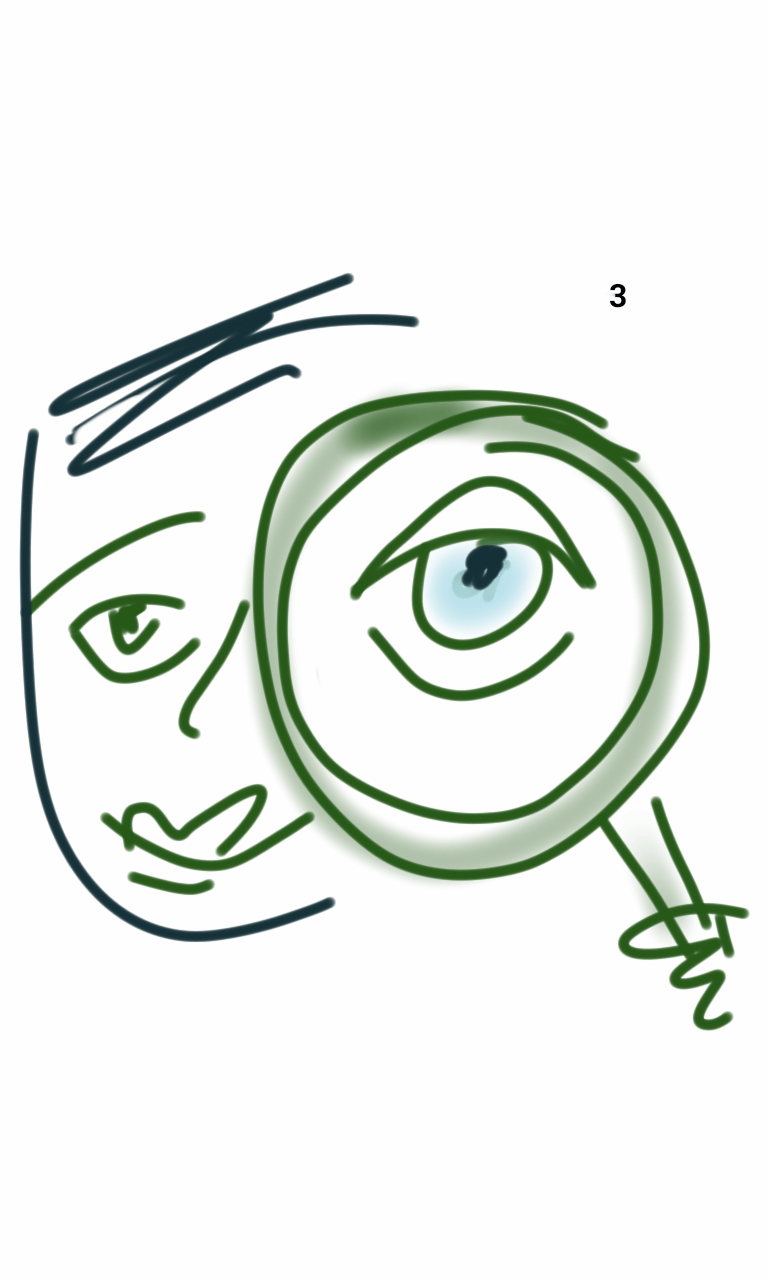 A drawing of a person looking through a magnifying glass