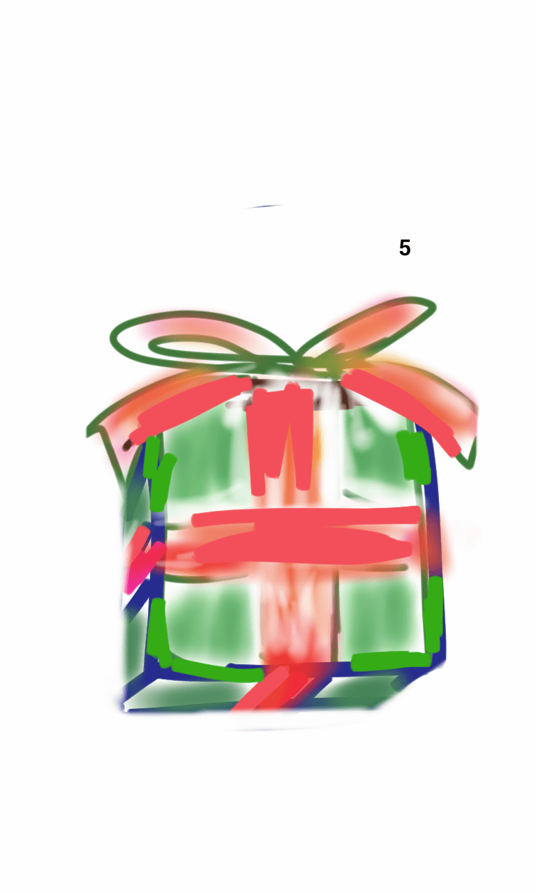 A drawing of a gift box with a red bow