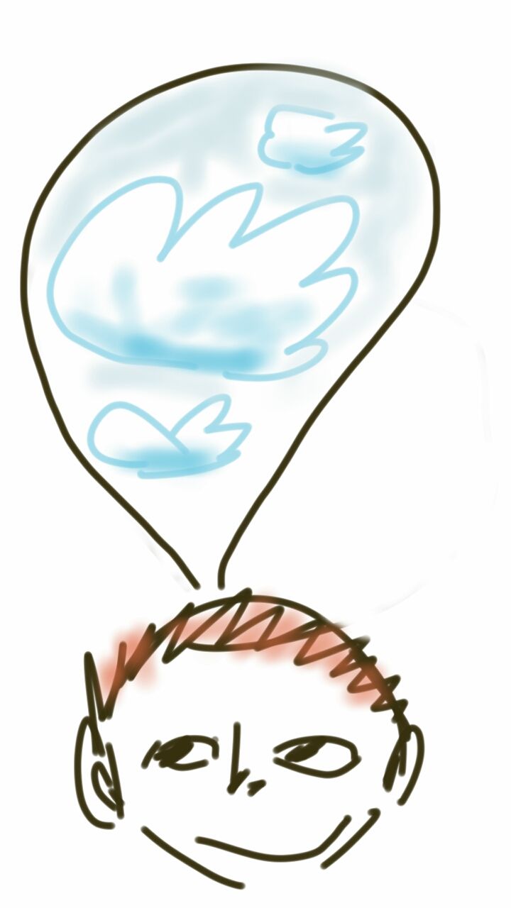 A drawing of a person 's head with a thought bubble above it