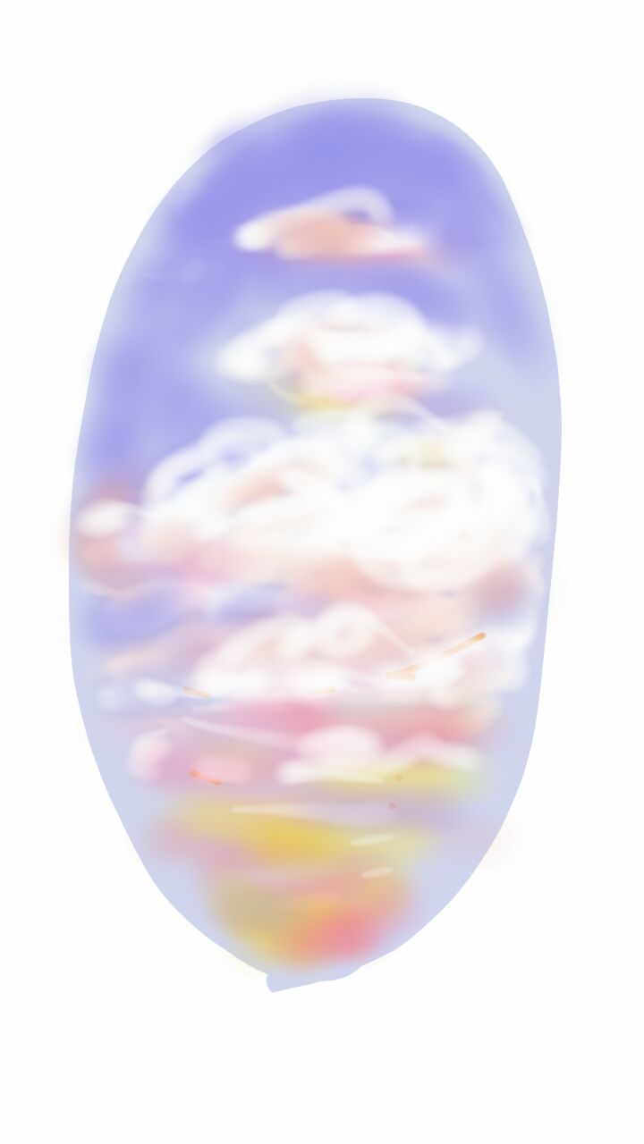 A painting of a balloon with clouds in the sky.