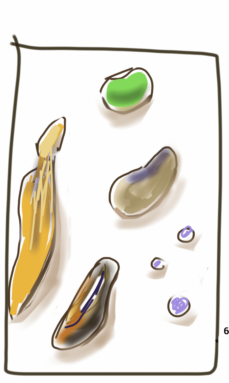 A drawing of a banana peel and some beans on a white background.