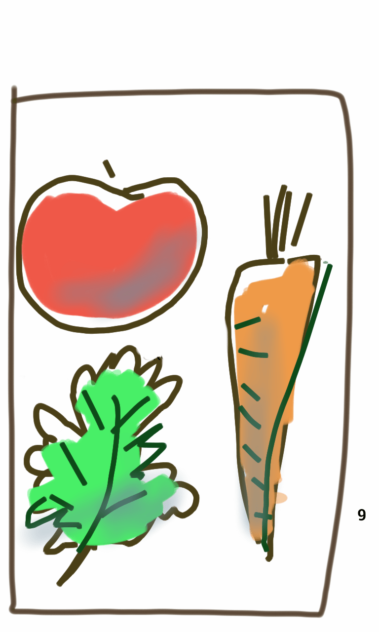 A drawing of an apple , carrot , and green leaf.