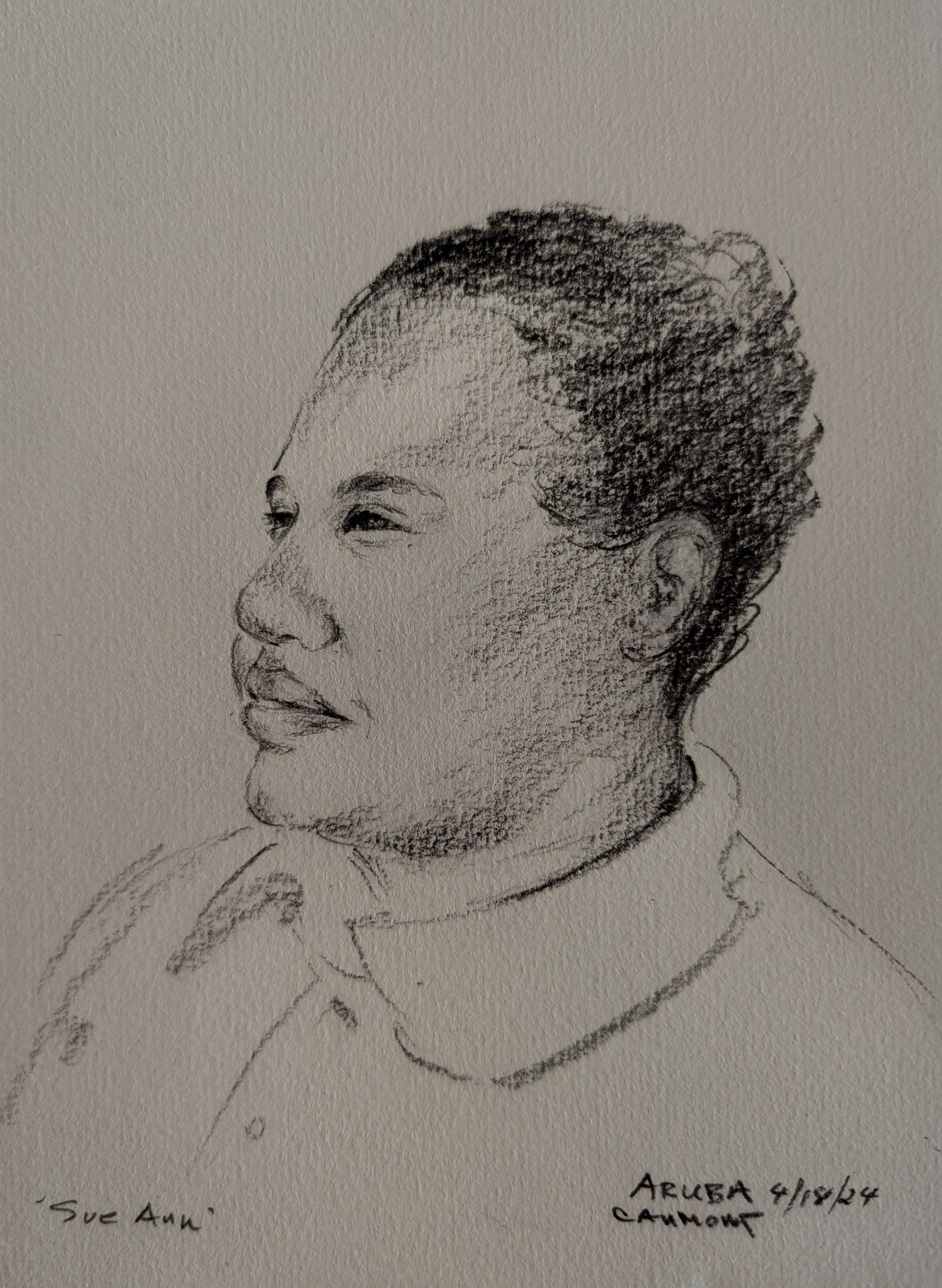 A black and white drawing of a man with a beard