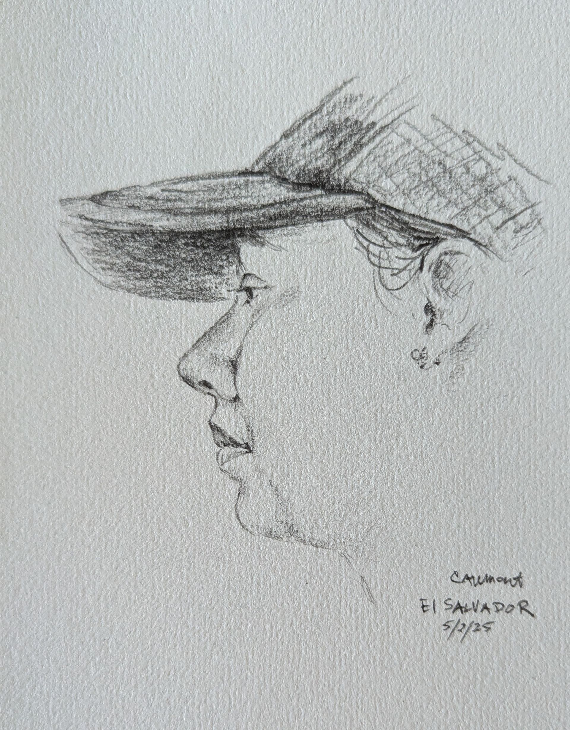 A pencil drawing of a man wearing a baseball cap