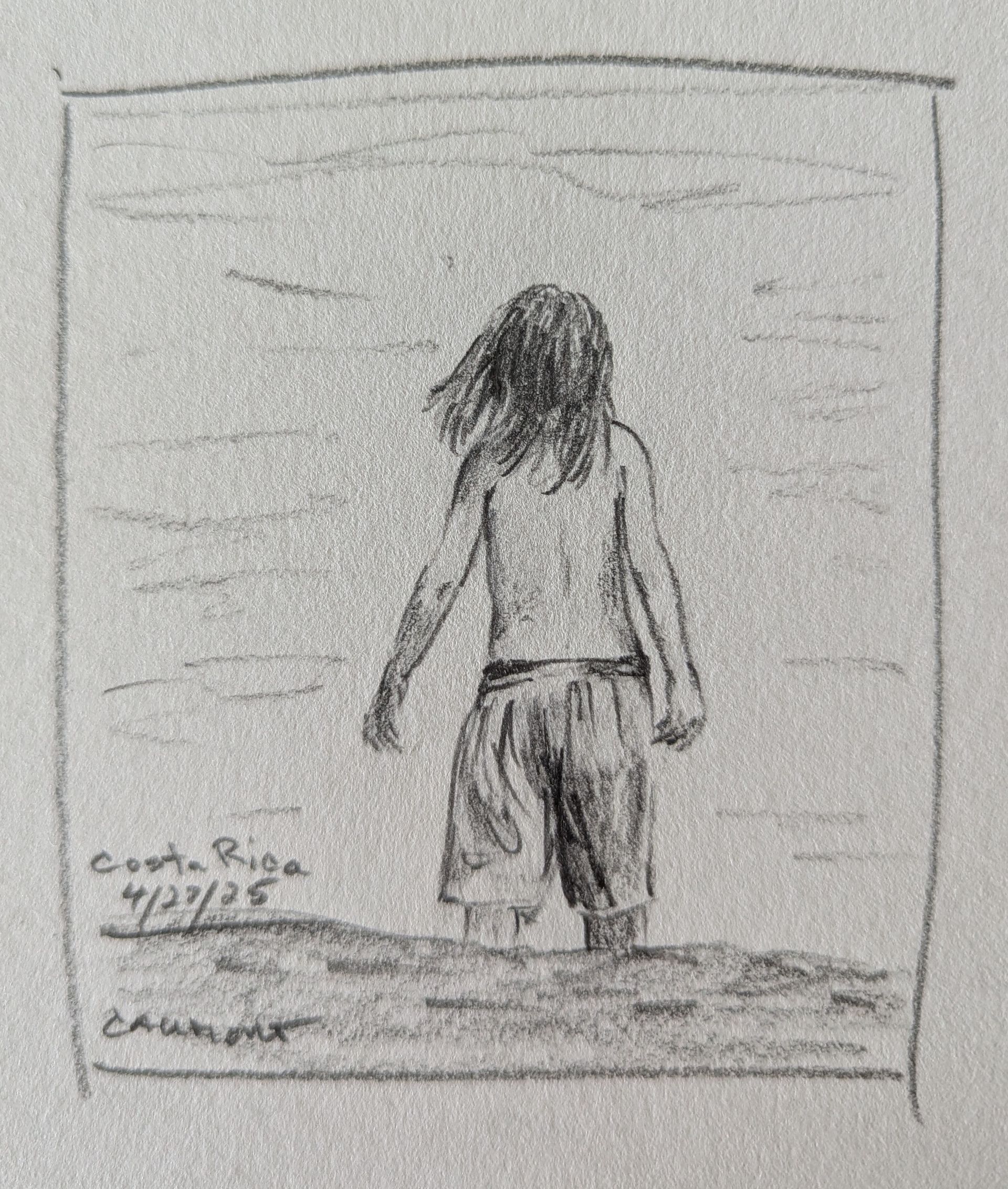 A pencil drawing of a woman walking on the beach
