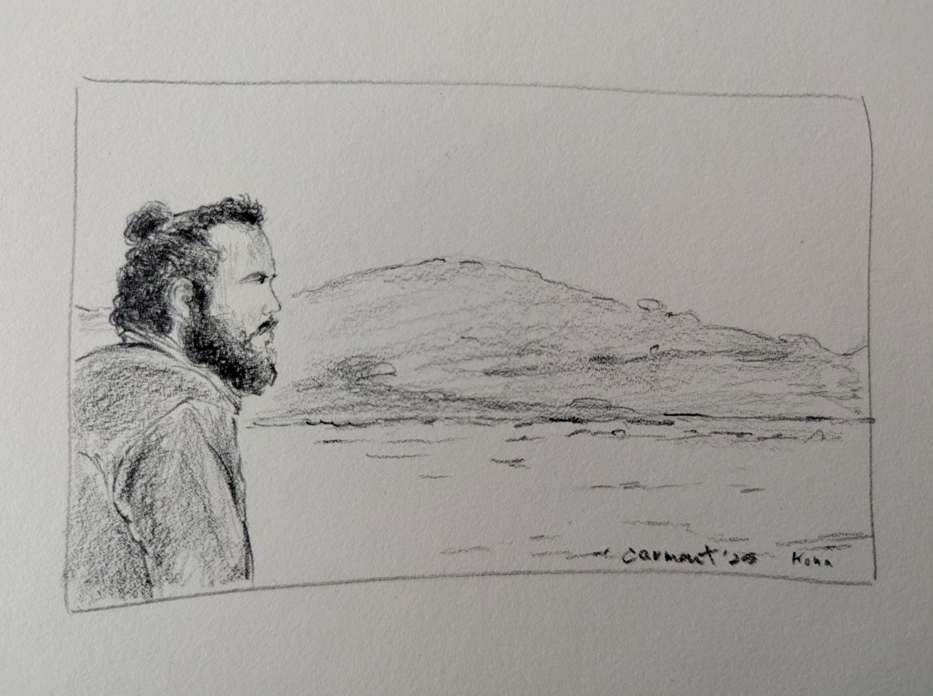 A black and white drawing of a man with a beard