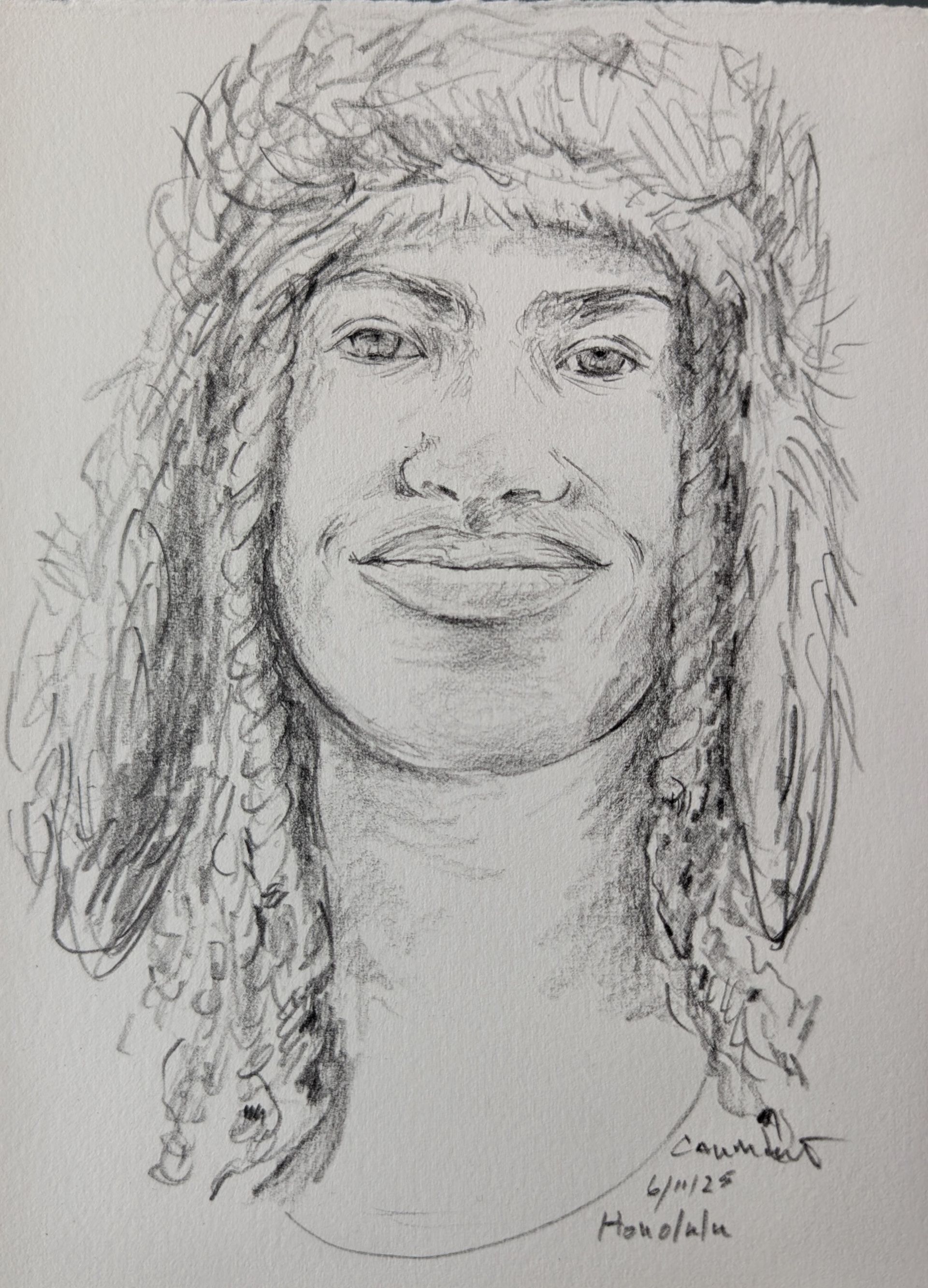 A black and white drawing of a woman wearing a fur hat