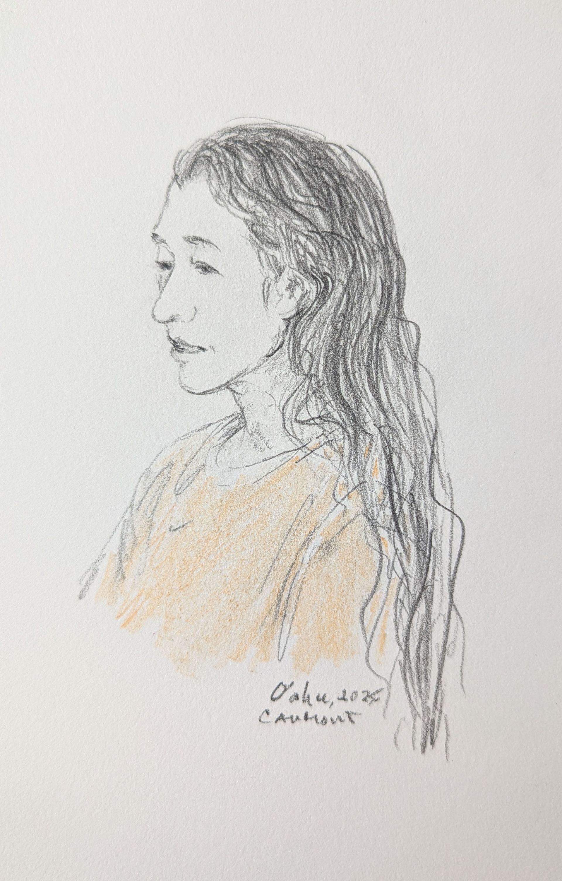 A pencil drawing of a woman with long hair.