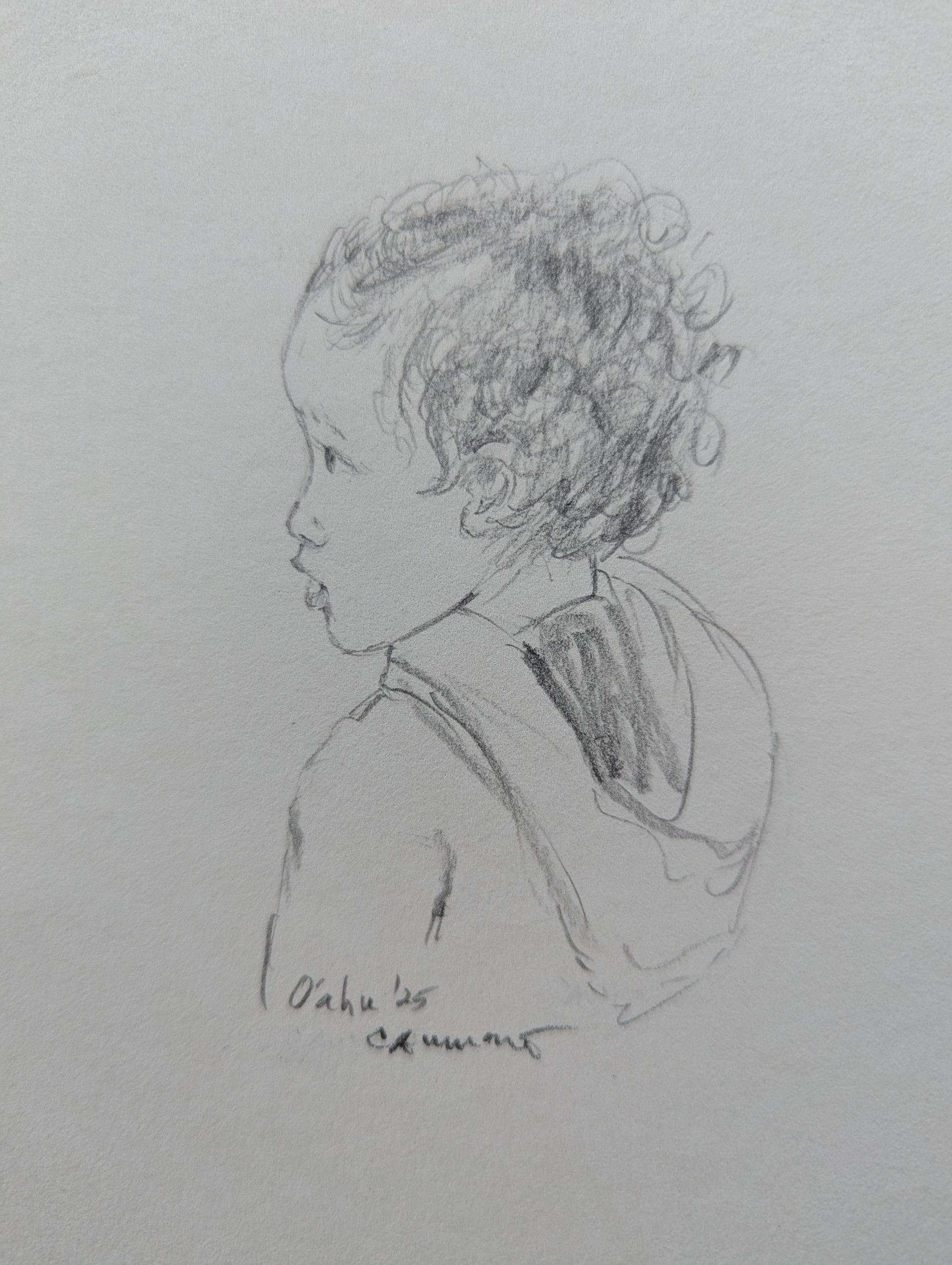 A black and white drawing of a child 's head
