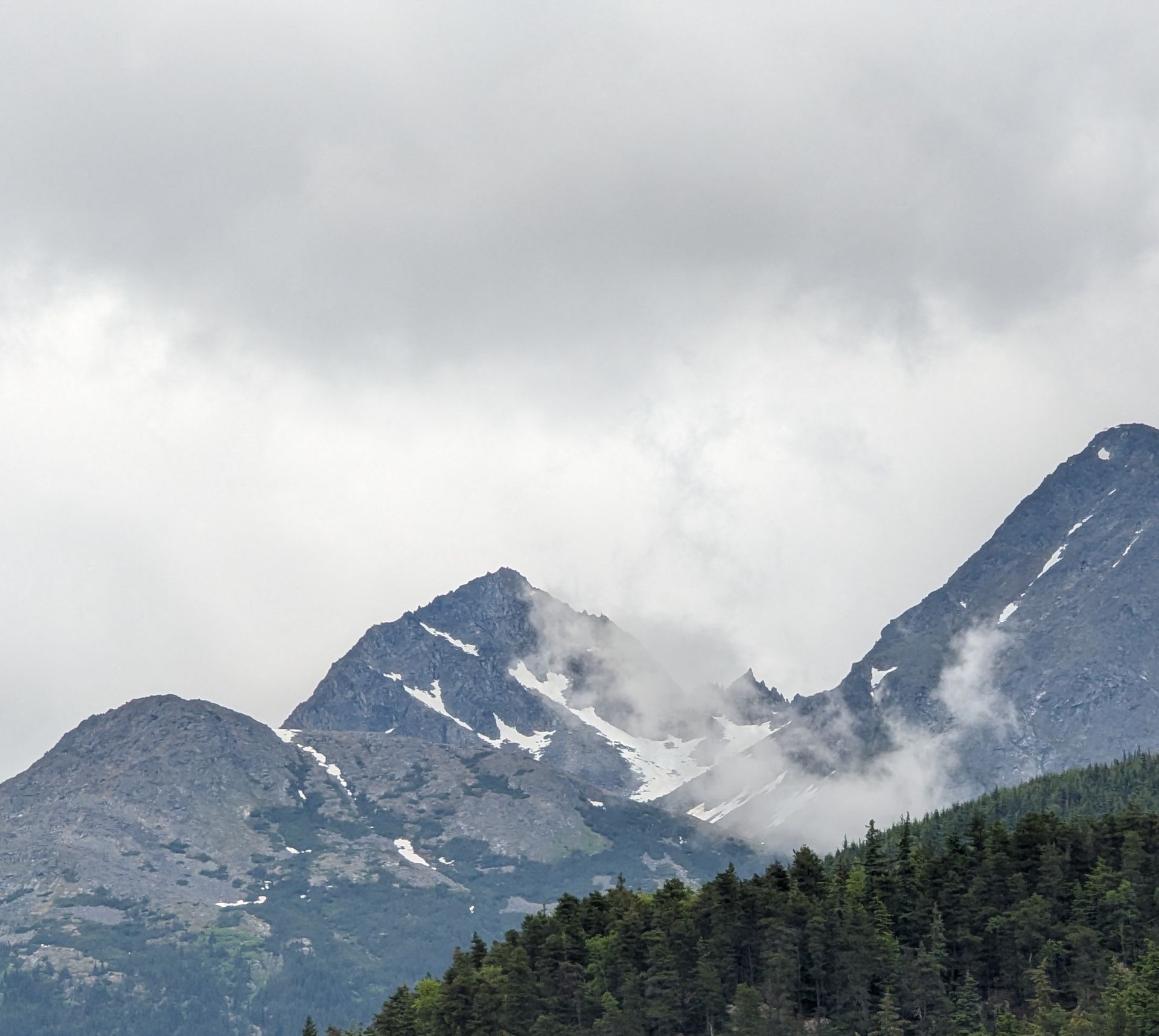 A mountain covered in clouds with trees in the foreground