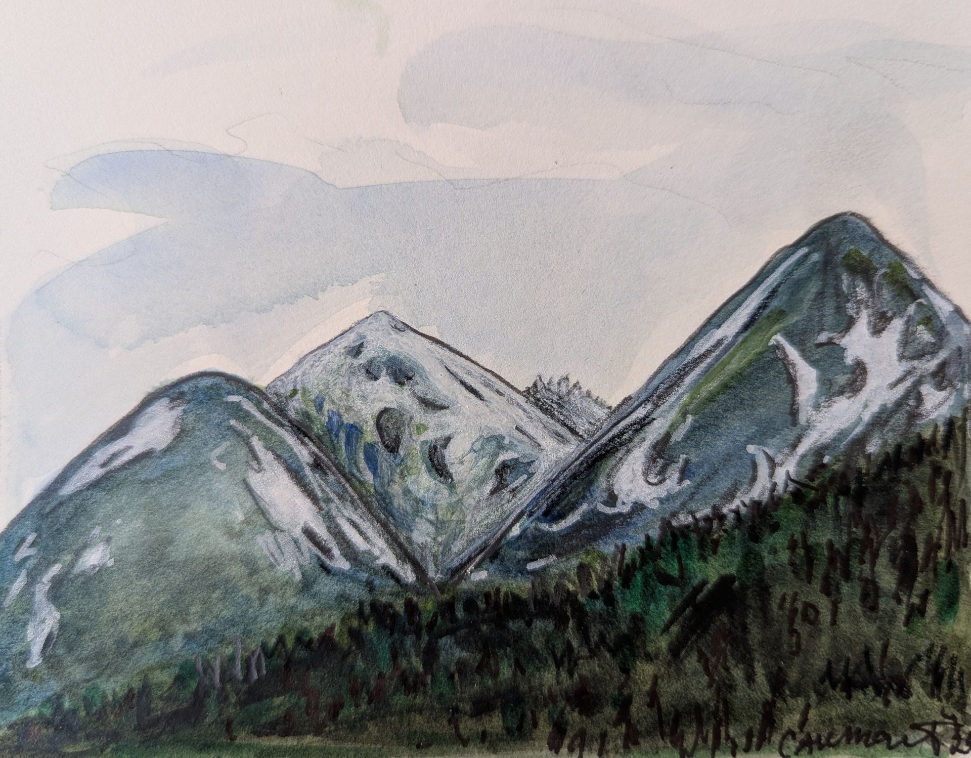 Watercolor painting of three mountain peaks with snow, above a dark green forest, under a pale blue sky.
