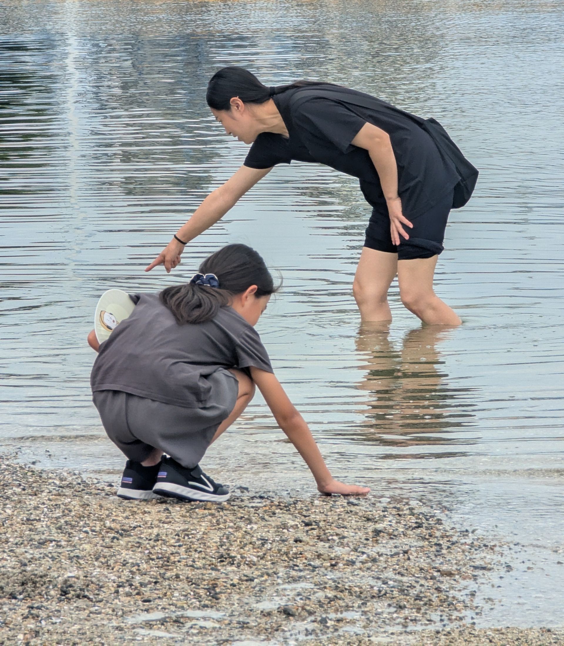Woman pointing at something in water as a child crouches and reaches, both near water's edge.
