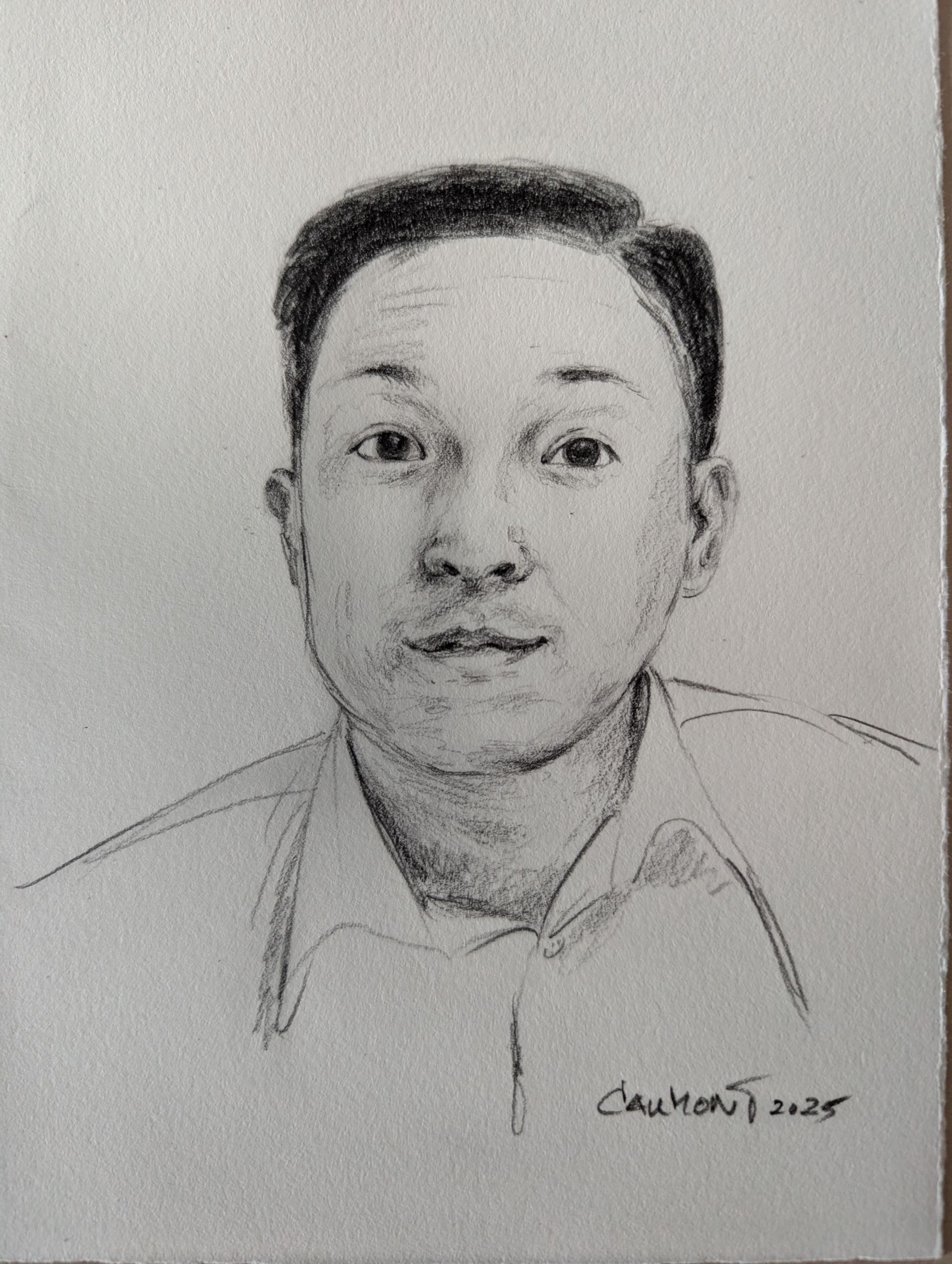 Pencil sketch of a man with dark hair, looking forward, wearing a collared shirt. Signed