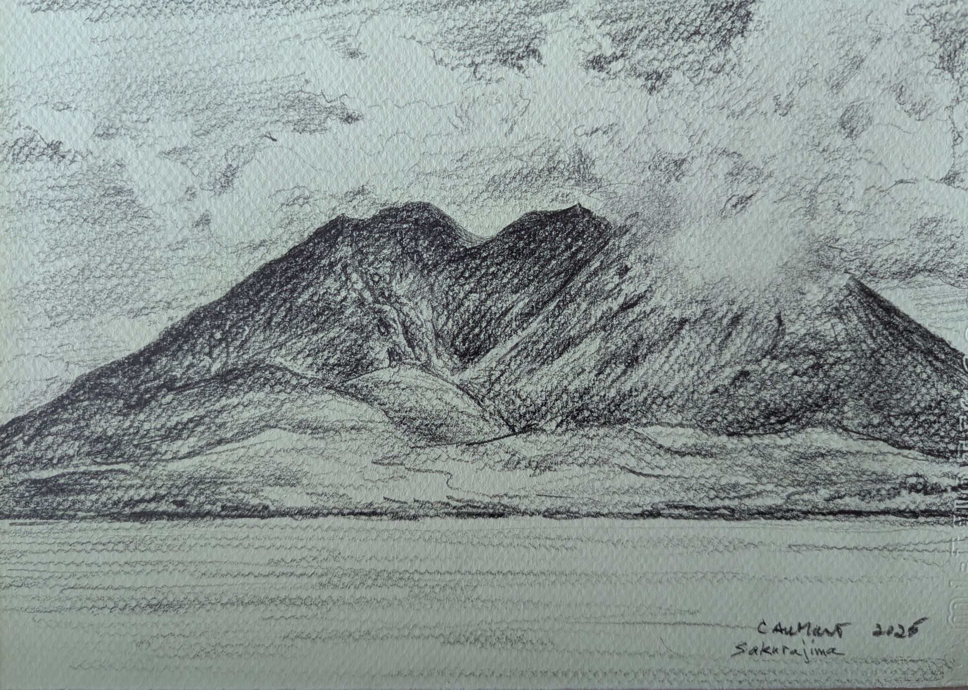 Charcoal sketch of a mountain range, with cloud cover. Dark and light textures, with water in the foreground.