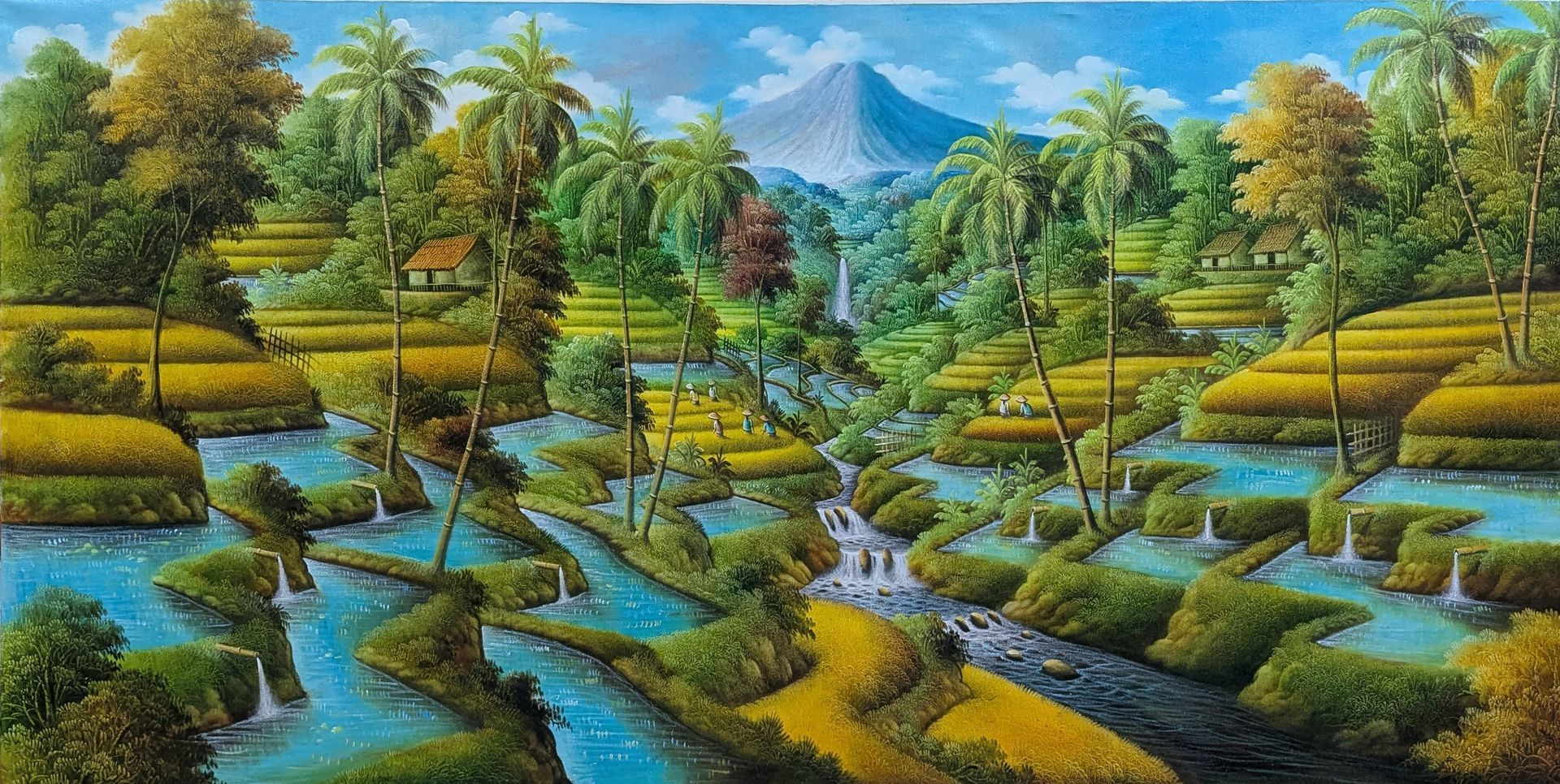 Two kayaks on a calm lake, with mountains and cloudy sky in the background.