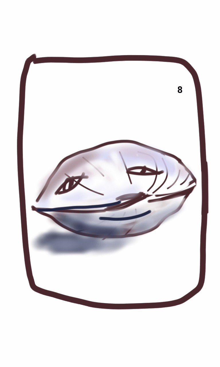 A drawing of a pearl with a face on it