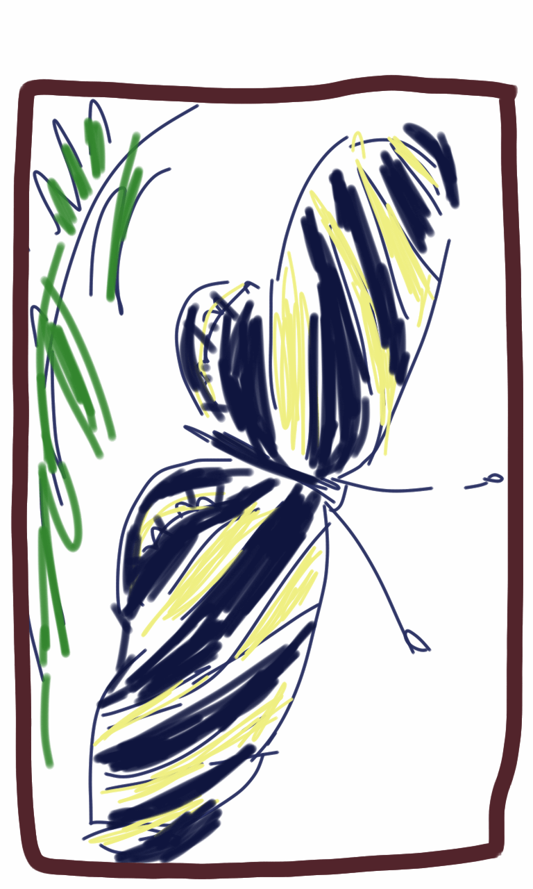 A drawing of a yellow and black butterfly sitting on a branch.