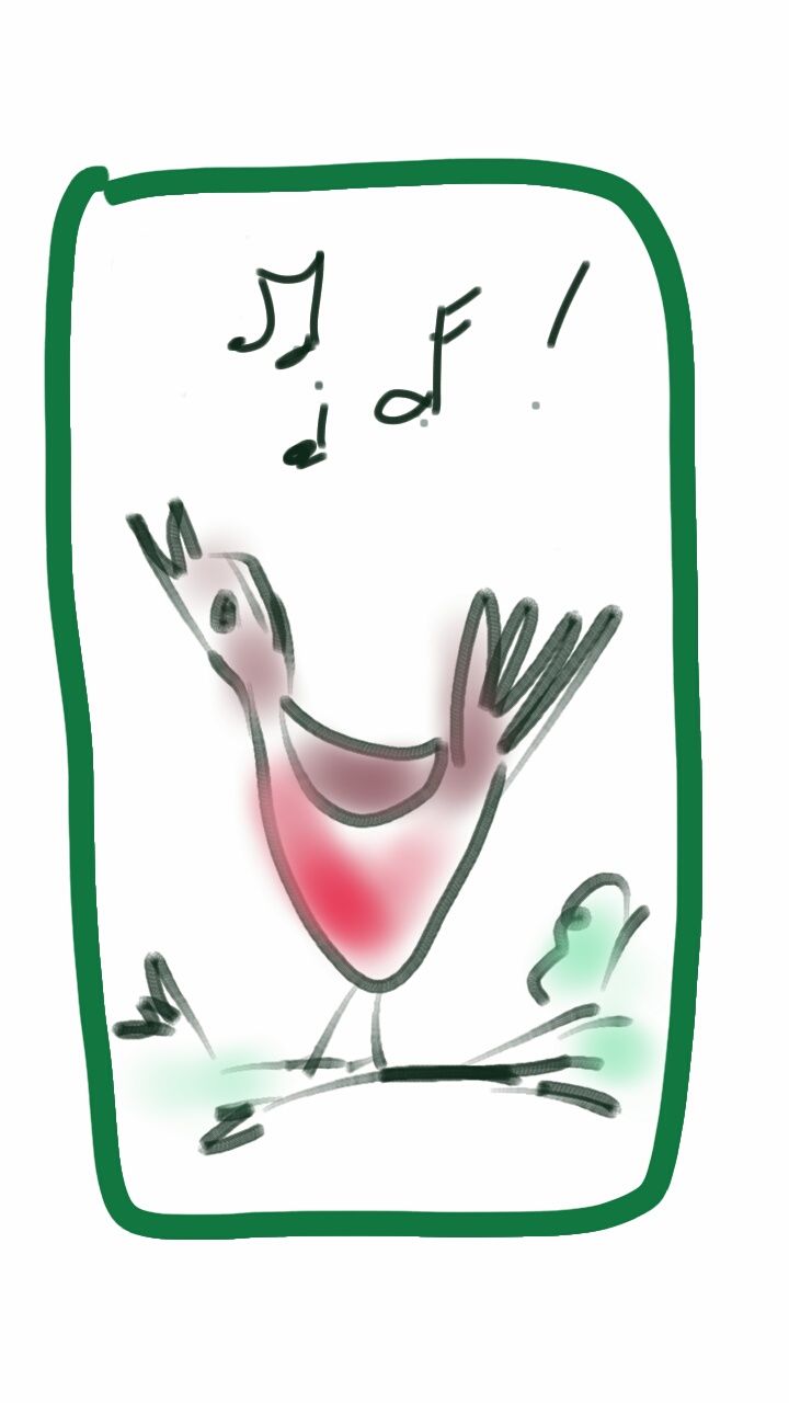 A drawing of a bird singing with music notes above it.