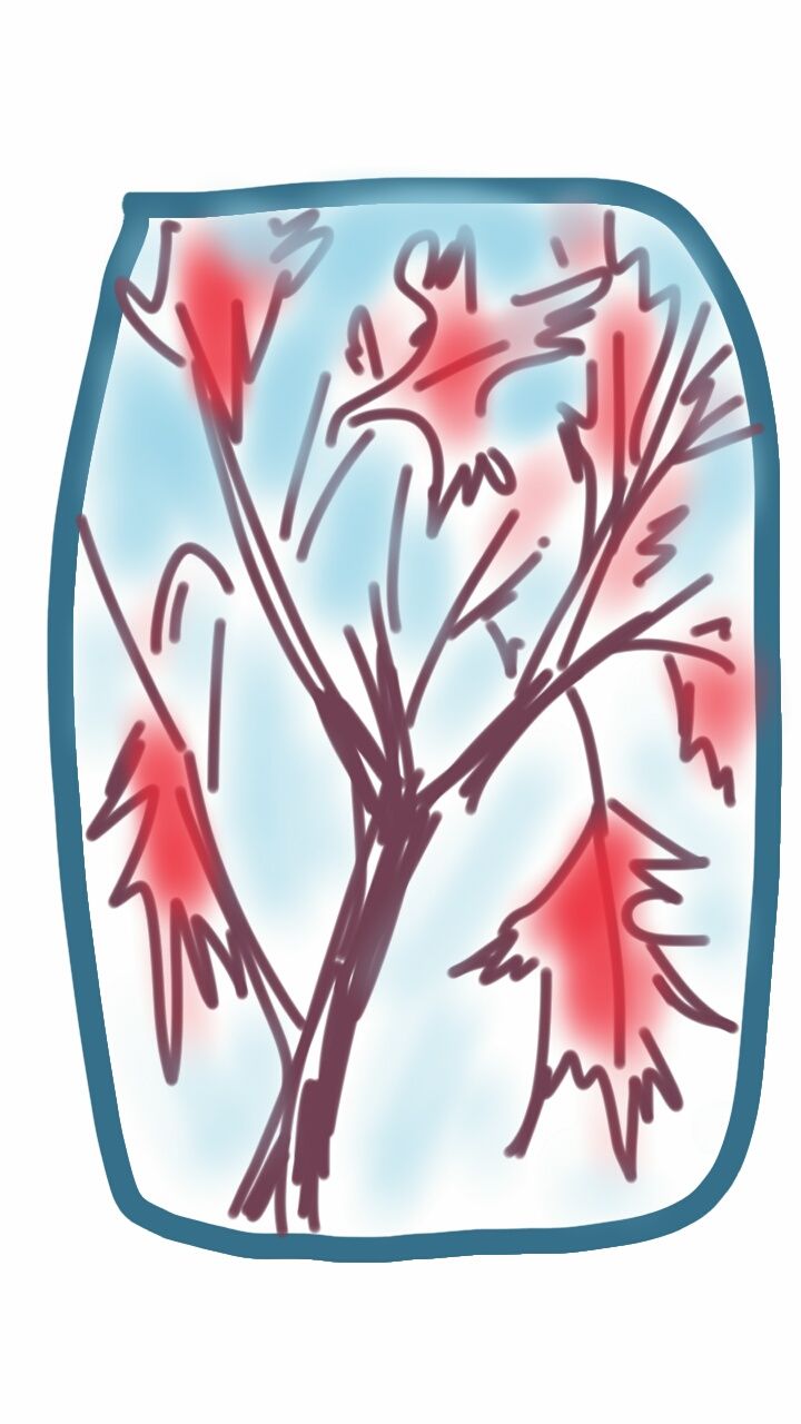 A drawing of a tree with red leaves in a blue frame.