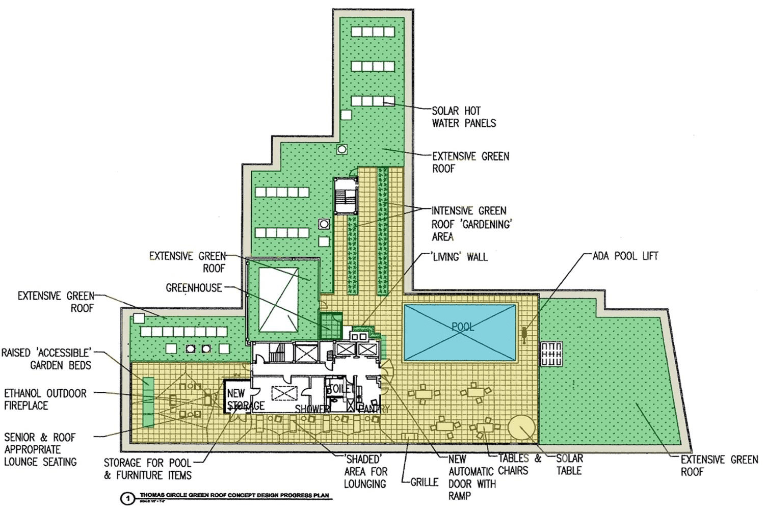 A floor plan of a building with a swimming pool