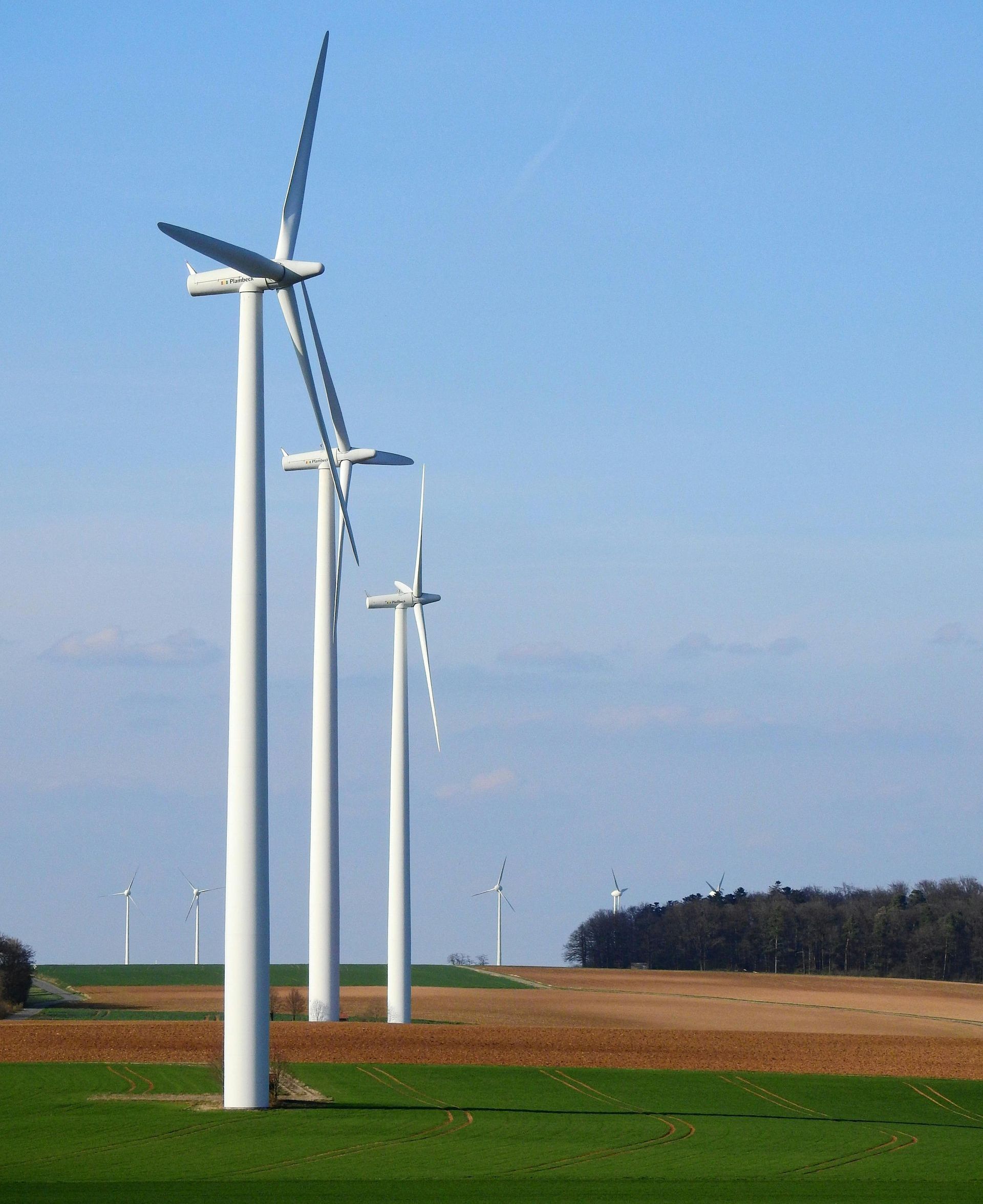 A row of wind turbines in a grassy field