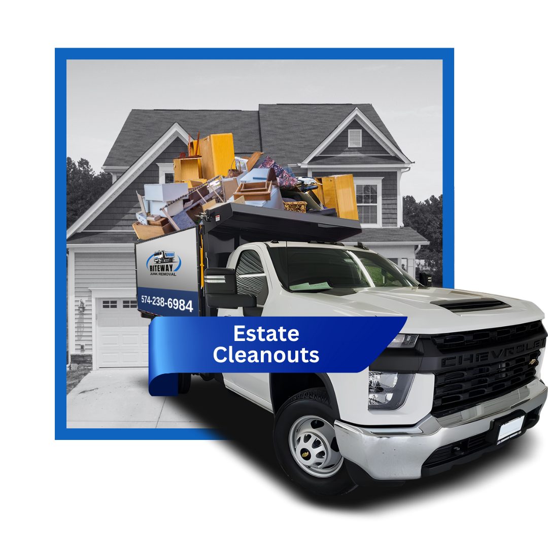 A white truck loaded with trash and clutter
