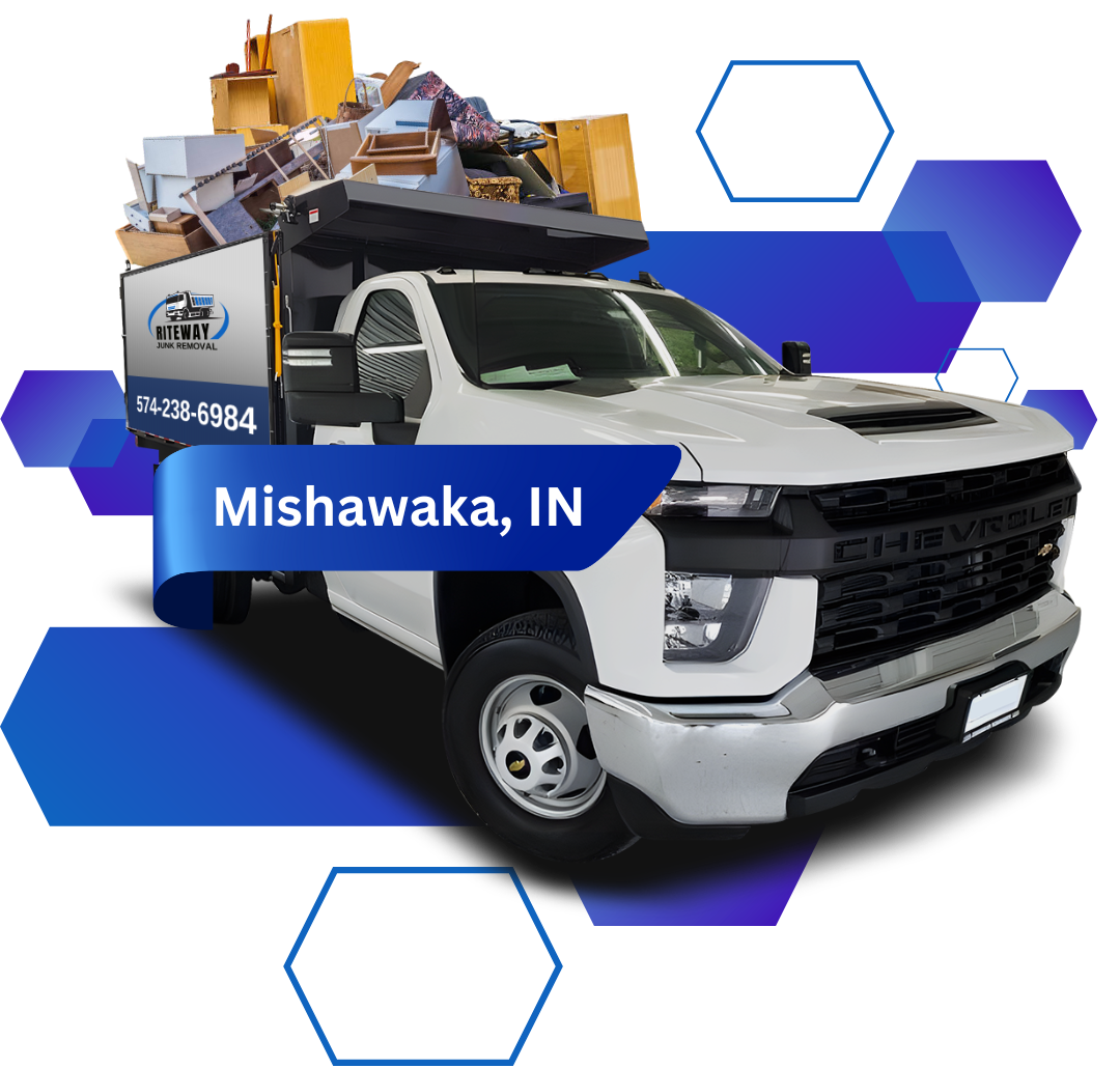 A white truck with a blue banner that says mishawaka in on it