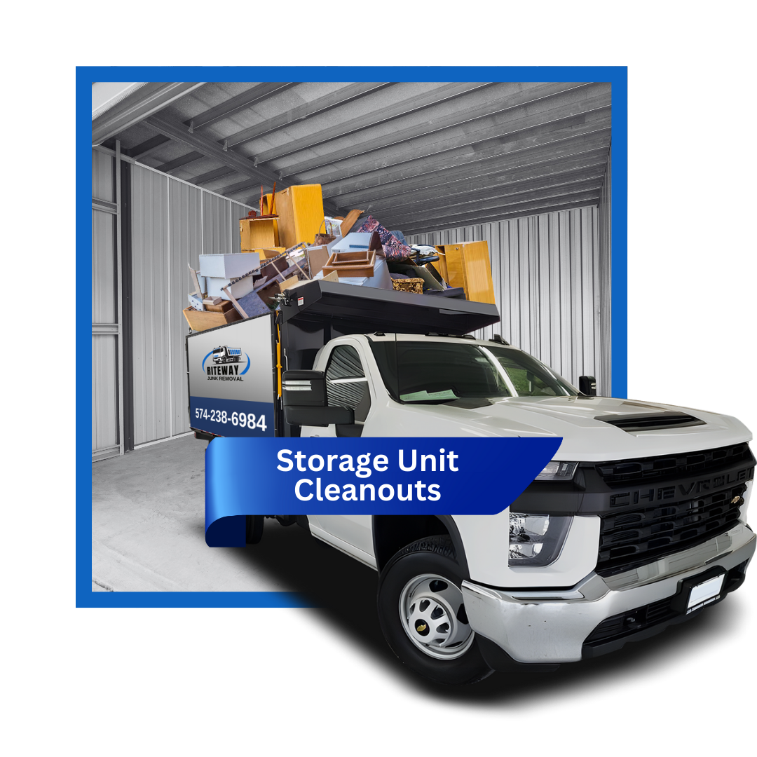 A white truck loaded with trash and clutter