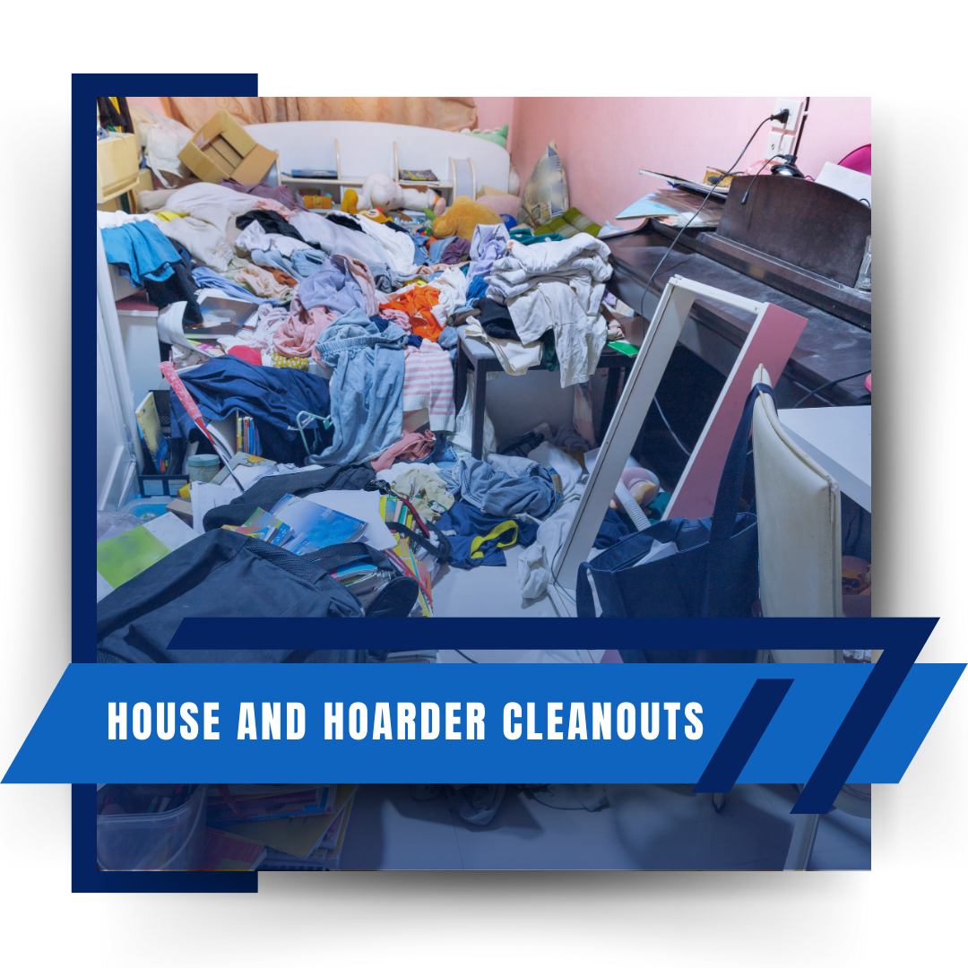 A room full of discarded clothes and clutter with a blue banner and texts in the foreground.