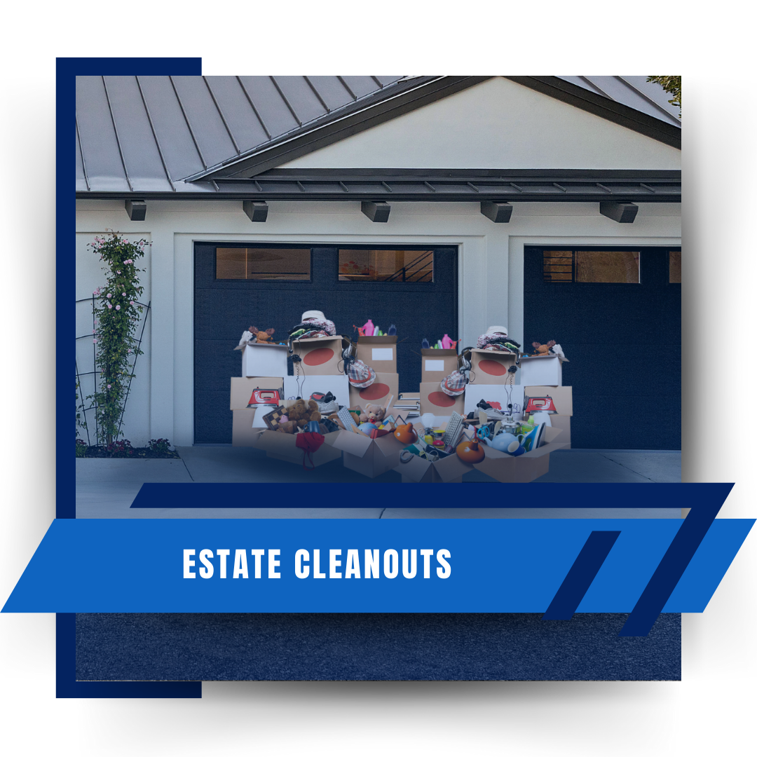 A discarded boxes with junks and a blue banner with texts in the foreground