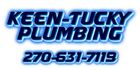 Logo for Keen-Tucky Plumbing, with blue text and a glowing border, and a phone number.