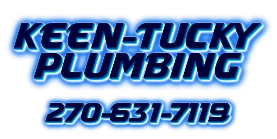 Logo for Keen-Tucky Plumbing, with blue text and a glowing border, and a phone number.