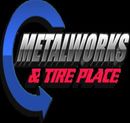 Metalworks & Tire Place logo: dark grey text over red text within a blue circular arrow.