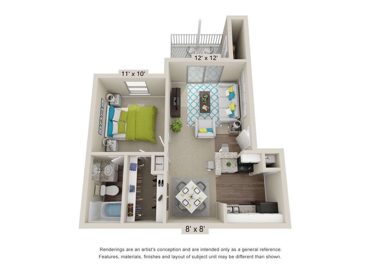 Floor plan of a one-bedroom apartment with a bedroom, living room, kitchen, bathroom, and balcony.