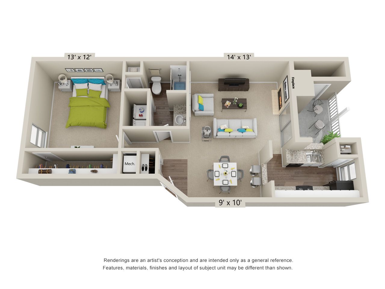 Floor plan of a one-bedroom apartment with a bedroom, bathroom, living area, and kitchen.