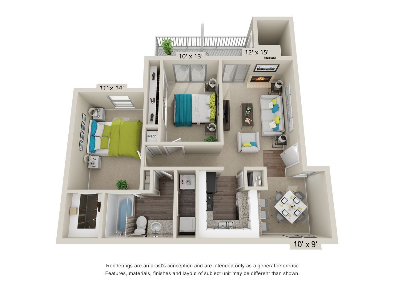 Floor plan of a two-bedroom apartment, showing rooms and furniture layout.