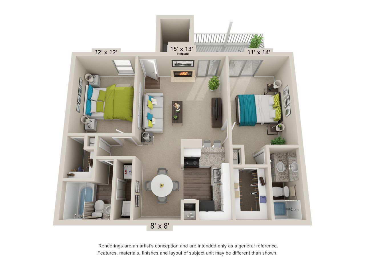 Floor plan of a one-bedroom apartment with furnished rooms.