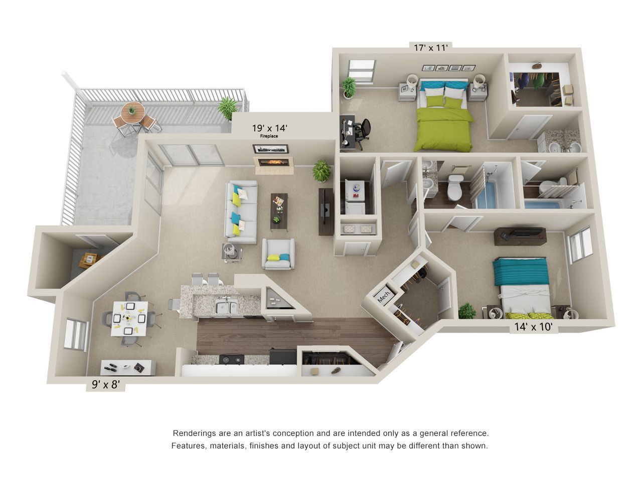 Floor plan: 1-bedroom apartment with living room, kitchen, and balcony, light beige walls, furnished.