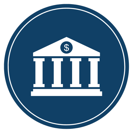 Icon of a bank building with four pillars, dollar sign on the roof, in a blue circle.