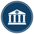 Icon of a bank building with four pillars, dollar sign on the roof, in a blue circle.