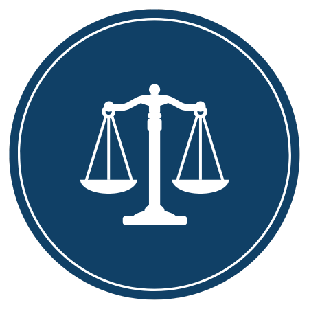 White scales of justice icon on a blue circle.