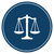 White scales of justice icon on a blue circle.