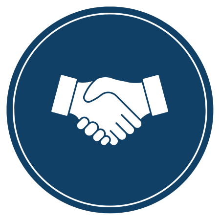 Handshake icon inside a blue circle, symbolizing agreement or partnership.