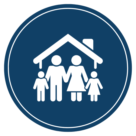 Family of four under a house roof, white icons on blue circle.