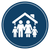 Family of four under a house roof, white icons on blue circle.