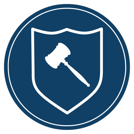 White gavel inside a white shield, within a blue circle.
