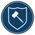 White gavel inside a white shield, within a blue circle.