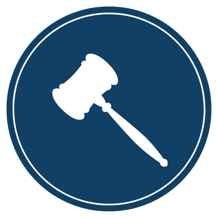 White gavel in a blue circle.