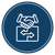 White handshake icon above a box with two arrows on a dark blue circle.