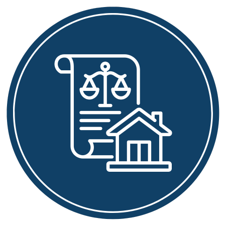 Blue circle icon with a house, scroll, and scales of justice.